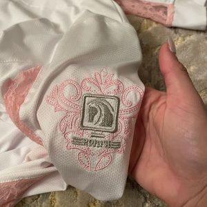 Pink and White Romfh Show Shirt with pink lace